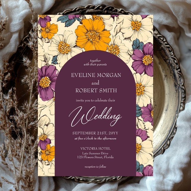 Invitation Fleurs bohèmes en arche de couleur mauve orange et (boho arch mauve orange and ivory wild flowers wedding invitation)