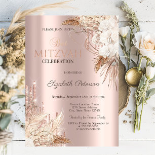 Invitation Fleurs Boho Glitter Drips Rose Gold Bat Mitzvah  
