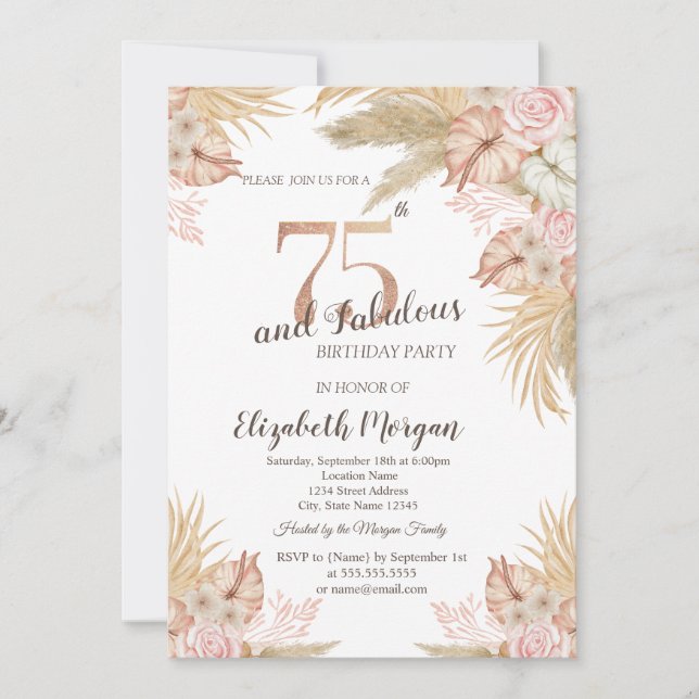 Invitation Fleurs Boho,Herbe de Pampas 75e Anniversaire (Devant)