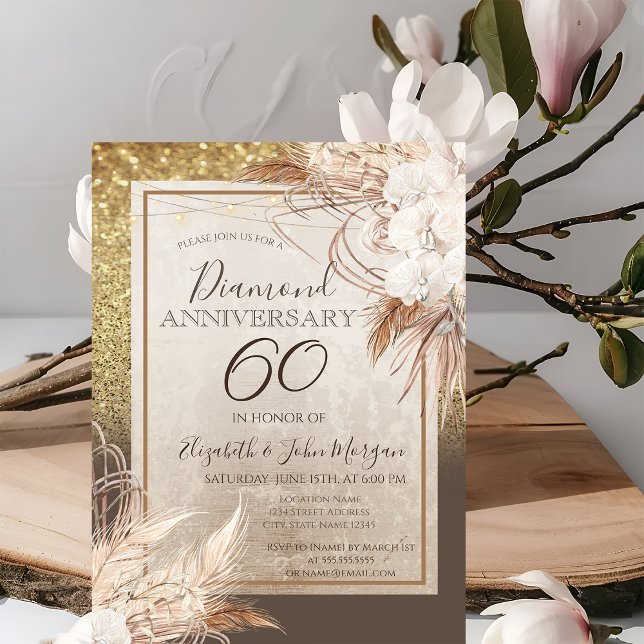 Invitation Fleurs Boho Herbe de Pampas Pailletée Anniversaire (Créateur téléchargé)
