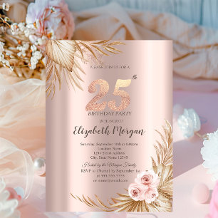 Invitation Fleurs Boho Pampas Rose Doré 25e Anniversaire