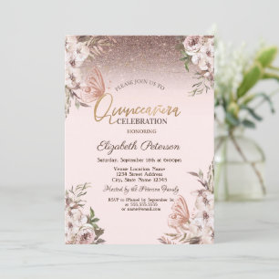 Invitation Fleurs Boho Papillons Pailletés Quinceañera