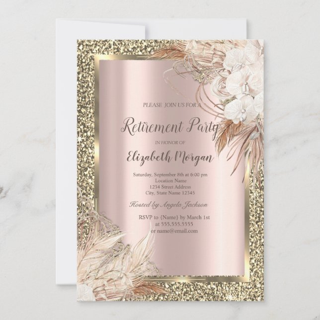 Invitation Fleurs Boho, Parties scintillant, Retraite Or Rose (Devant)