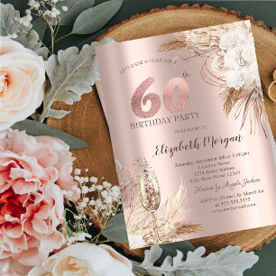 Invitation Fleurs Boho,Verre à Champagne,Or Rose 60 ans