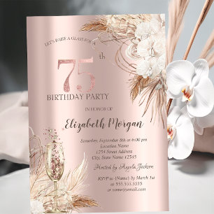 Invitation Fleurs Boho,Verre à Champagne,Or Rose 75ème
