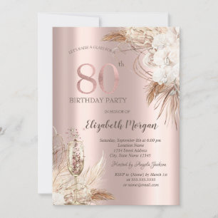 Invitation Fleurs Boho,Verre à Champagne,Or Rose 80 ans