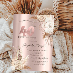 Invitation Fleurs Boho, Verre Champagne, Or Rose 40e