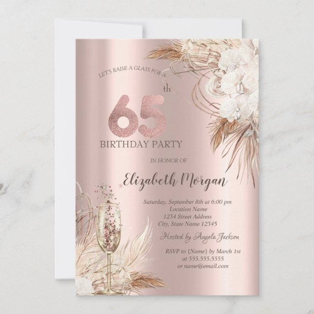 Invitation Fleurs Boho, Verre Champagne, Or Rose 65ème (Devant)