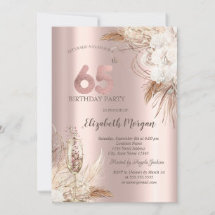 Invitation Fleurs Boho, Verre Champagne, Or Rose 65ème