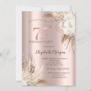 Invitation Fleurs Boho, Verre Champagne, Or Rose 75e
