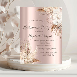 Invitation Fleurs Boho, Verre Champagne, Retraite Or Rose