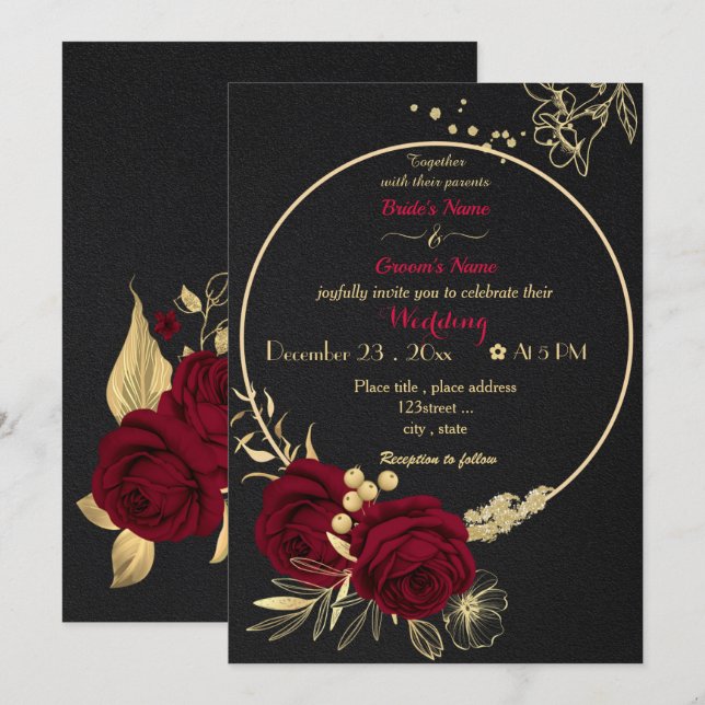 Invitation fleurs bordeaux or couronne noir mariage (Devant / Derrière)