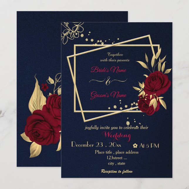 Invitation fleurs bordeaux or géométrique marine mariage (Devant / Derrière)