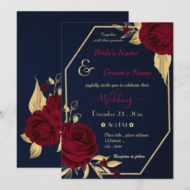 Invitation fleurs bordeaux or géométrique marine mariage (Devant / Derrière)