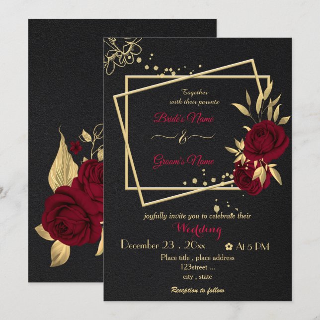 Invitation fleurs bordeaux or géométrique noir mariage (Devant / Derrière)