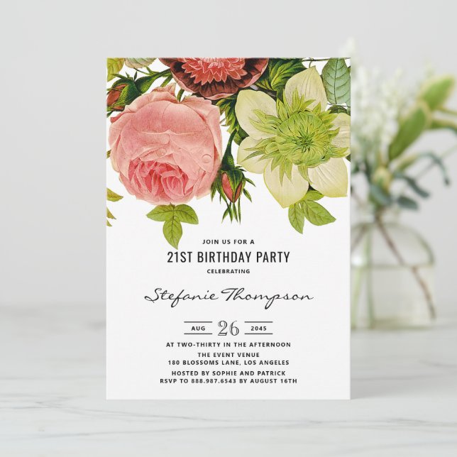 Invitation Fleurs botaniques Fête d'anniversaire Vintage (Debout devant)