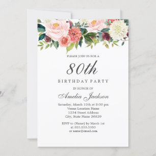 Invitation Fleurs Botaniques Rose Pêche 80e Anniversaire