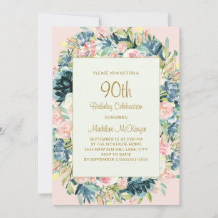 Invitation Fleurs Botaniques Rose Sépia Floral 90e Anniversai