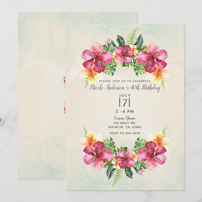 Invitation Fleurs Botaniques Tropicales Aloha pour Fête d'Ann (Devant / Derrière)