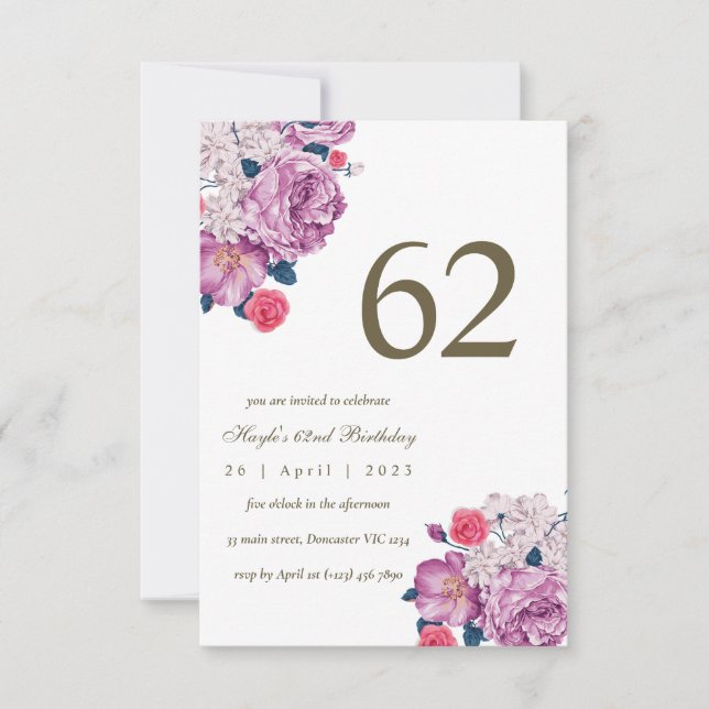 Invitation Fleurs botaniques violettes Simple Chic 62e annive (Devant)