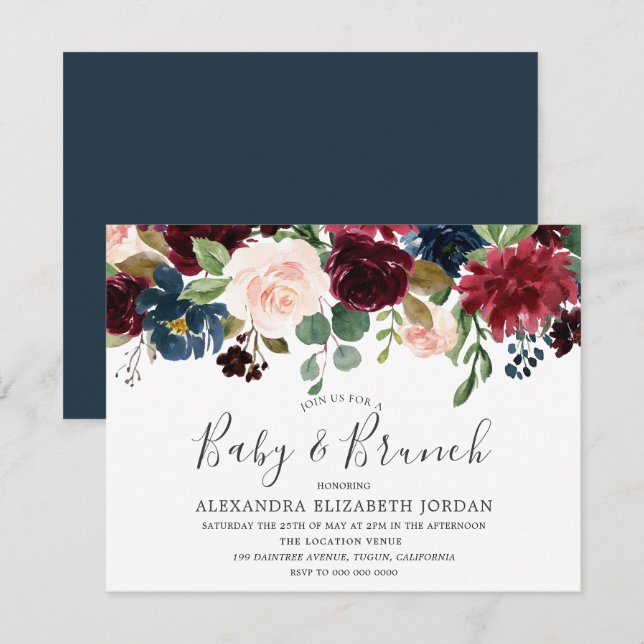 Invitation Fleurs Bourgogne Baby & Brunch Baby shower invitat (Devant / Derrière)