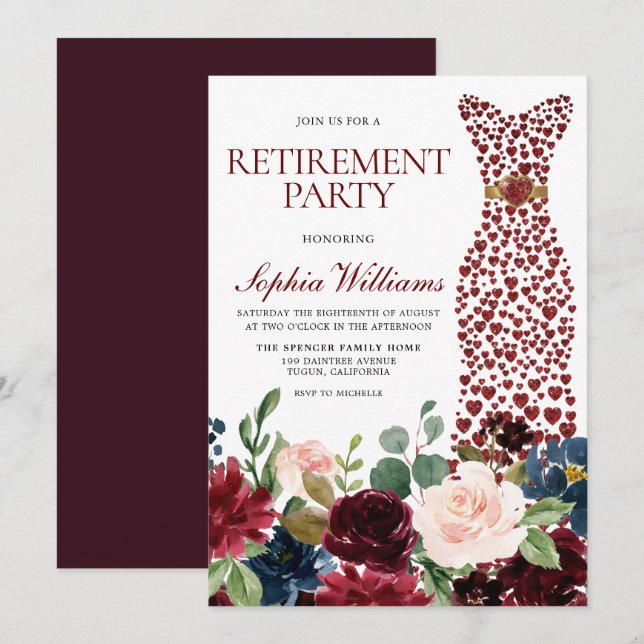 Invitation Fleurs Bourgogne Blush Dress Retraite Party (Devant / Derrière)