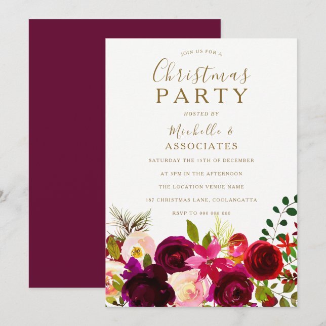 Invitation Fleurs Bourgogne Bureau Travail Noël (Devant / Derrière)