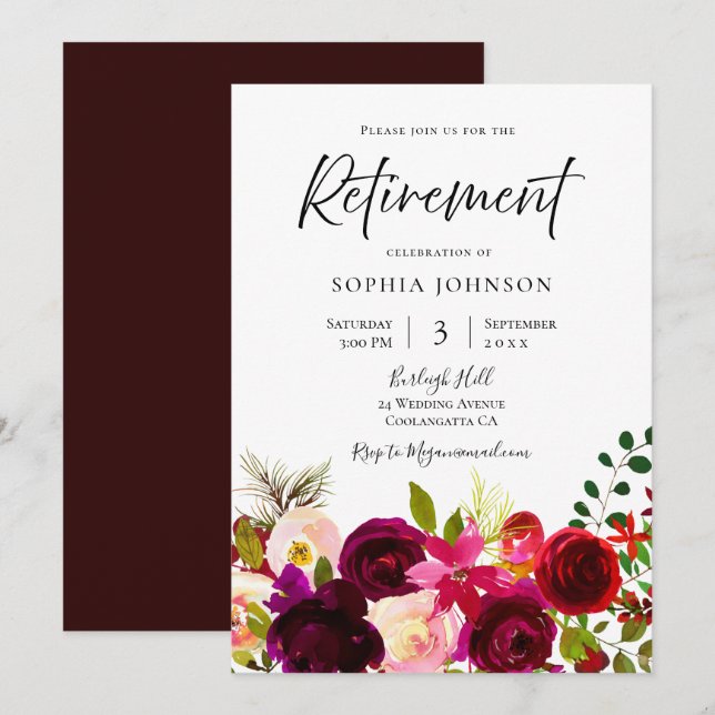 Invitation Fleurs Bourgogne et rousse Élégante fête de retrai (Devant / Derrière)