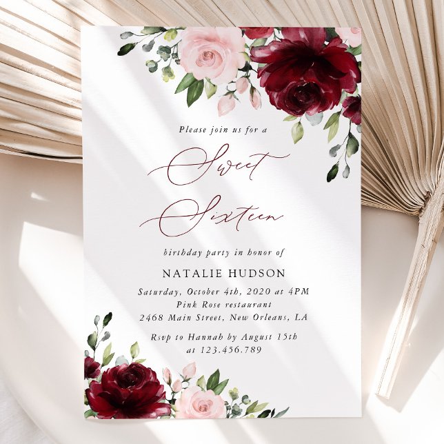 Invitation Fleurs Bourgogne, Fleurs roses, Boho, Sweet 16 (Créateur téléchargé)