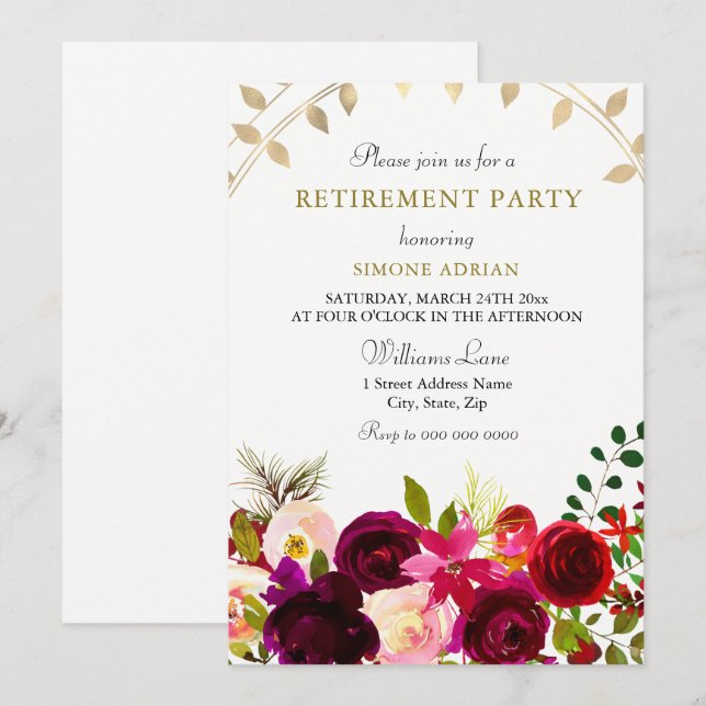 Invitation Fleurs Bourgogne Gold Leaf Retraite Party (Devant / Derrière)