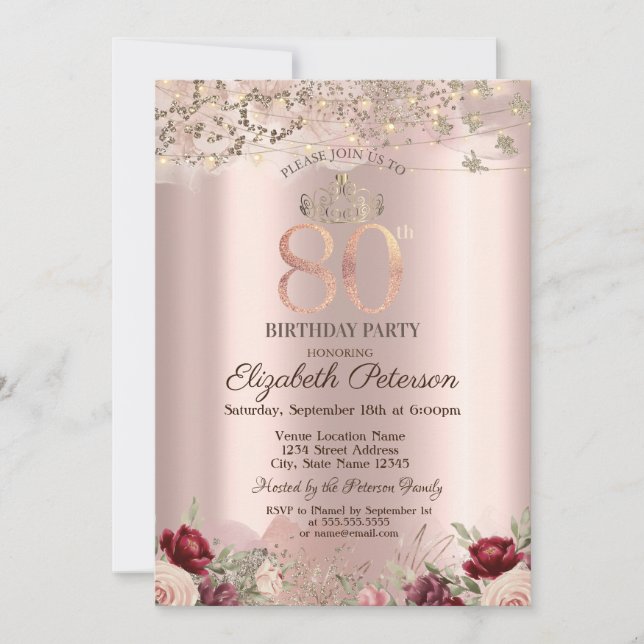 Invitation Fleurs Bourgogne Parties scintillant Bordure Rose  (Devant)