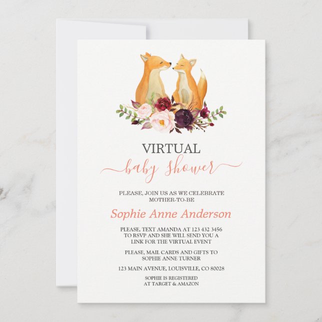 Invitation Fleurs Bourgogne Renverse Baby shower Virtuel Par  (Devant)