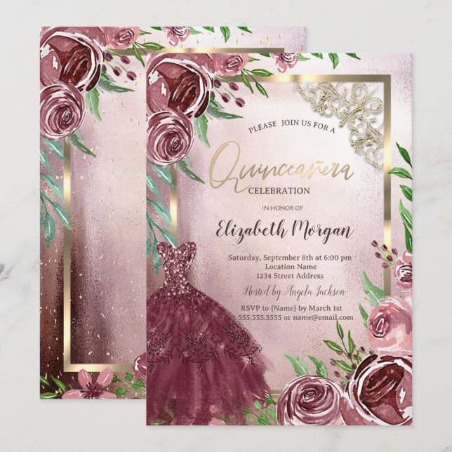 Invitation Fleurs Bourgogne Robe Or Cadre Quinceanera (Devant / Derrière)