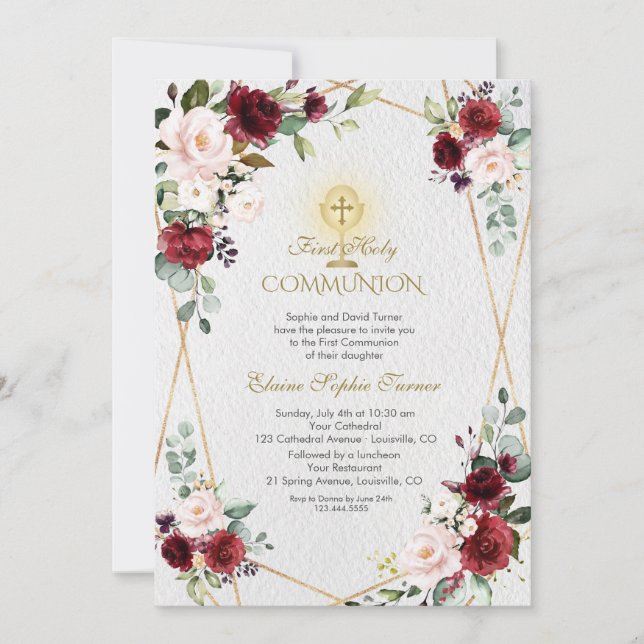 Invitation Fleurs Bourgogne rousses Gold Première Communion s (Devant)
