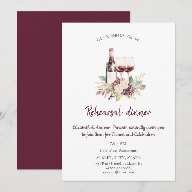 Invitation Fleurs Bourgogne Vin Raisin Répétition Dîner (Devant / Derrière)