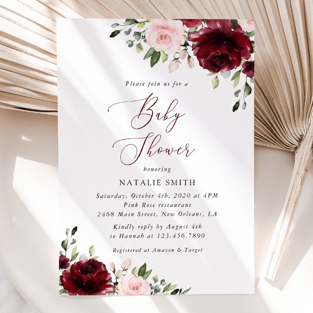 Invitation Fleurs Bourgognes, Fleurs Roses, Boho, Baby shower (Créateur téléchargé)