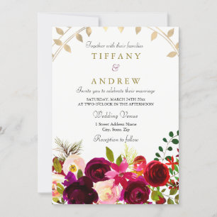 Invitation Fleurs Bourgognes Gold Leaf Mariage