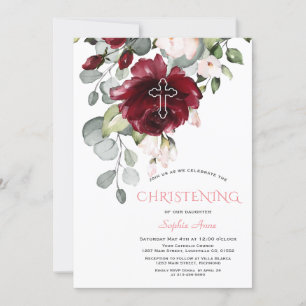 Invitation Fleurs Bourgognes rousses Cross Girl Christening