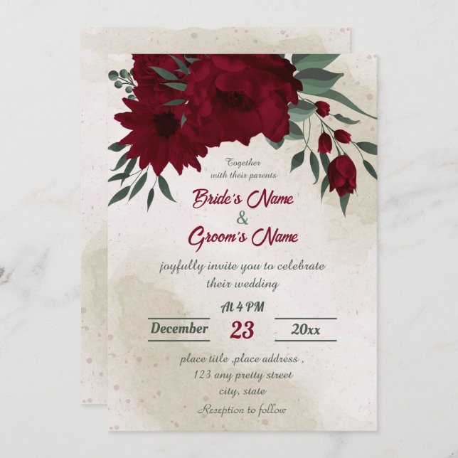 Invitation Fleurs bourguignonnes mariage (Devant / Derrière)