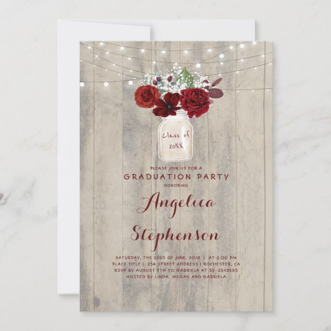 Invitation Fleurs Bourguignonnes Mason Jar Rustic Graduation  (Devant)