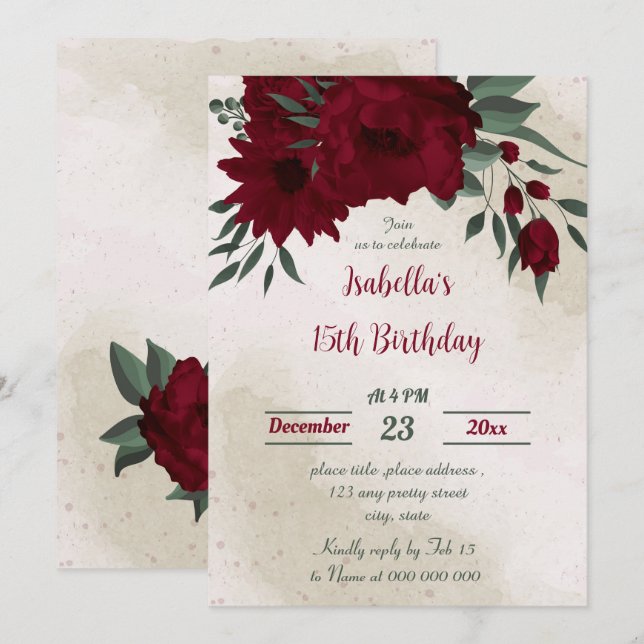 Invitation Fleurs bourguignonnes verdure anniversaire botaniq (Devant / Derrière)