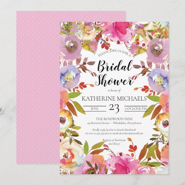 Invitation Fleurs brillantes Aquarelle Fête des mariées flora (Devant / Derrière)
