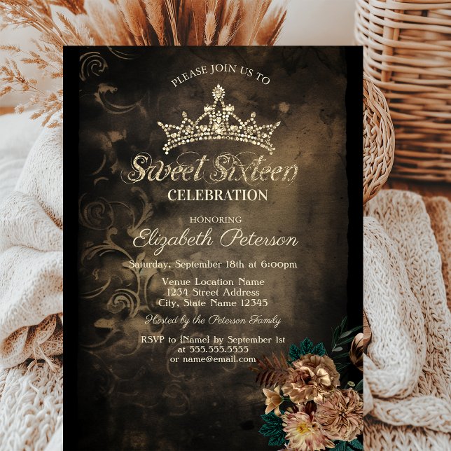 Invitation Fleurs Brown Damas Dark Gothic Sweet 16 (Créateur téléchargé)