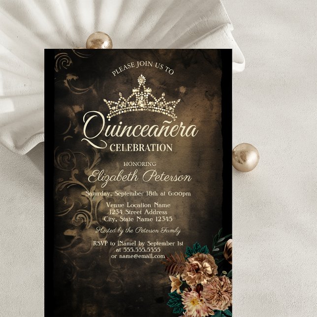 Invitation Fleurs Brown Damask Dark Gothic Quinceañera (Créateur téléchargé)