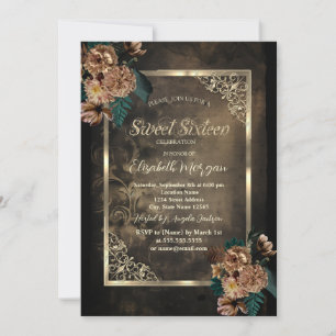 Invitation Fleurs Brown Gold Frame Gothique Sweet 16