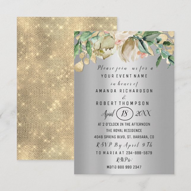 Invitation Fleurs Brunch Mariage d'or argent argent Anniversa (Devant / Derrière)