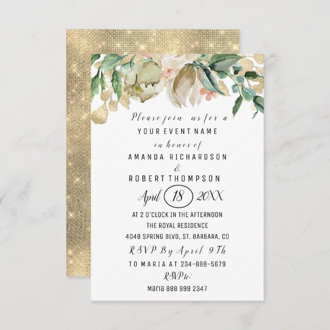 Invitation Fleurs Brunch Mint Vert or Aquarelle Blanc (Devant / Derrière)