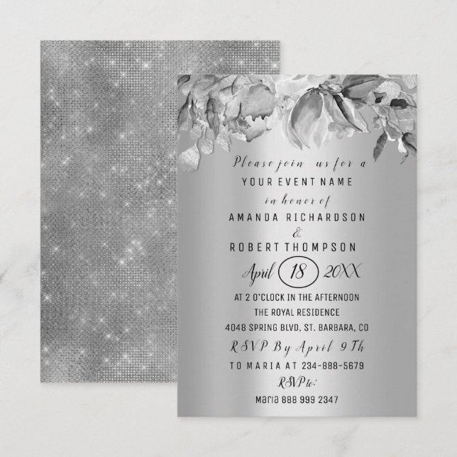 Invitation Fleurs Brunch Silver GRay Mariage Anniversaire (Devant / Derrière)
