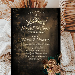 Invitation Fleurs Brunes Damassé Sombre Gothique Sweet 16