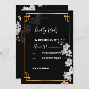 Invitation Fleurs cerises blanches et cadre doré RSVP